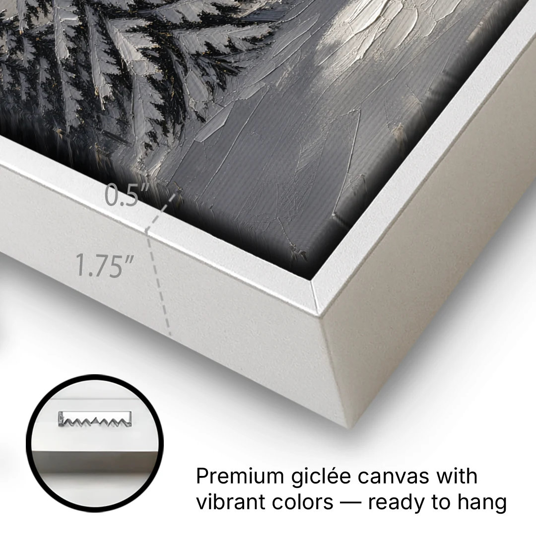 Winter Forest Painting Under a Full Moon - White Framed Canvas Wall Art - Gallery Wrap Corner