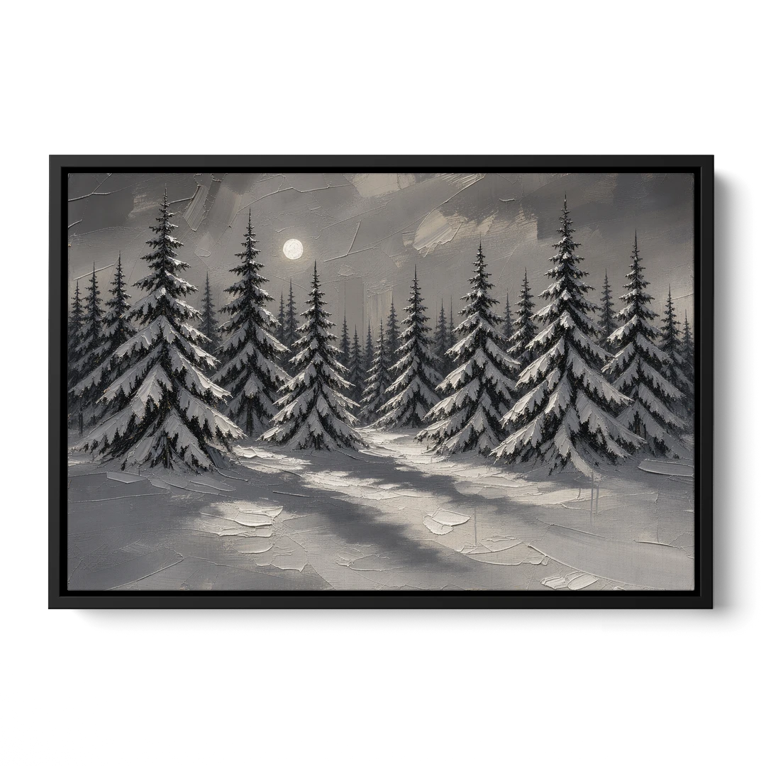 Winter Forest Painting Under a Full Moon - Black Framed Canvas Wall Art - Front