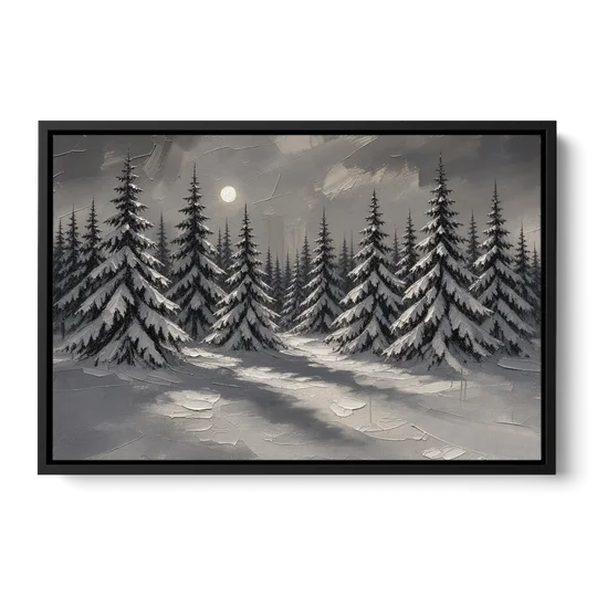 Winter Forest Painting Under a Full Moon - Black Framed Canvas Wall Art - Front
