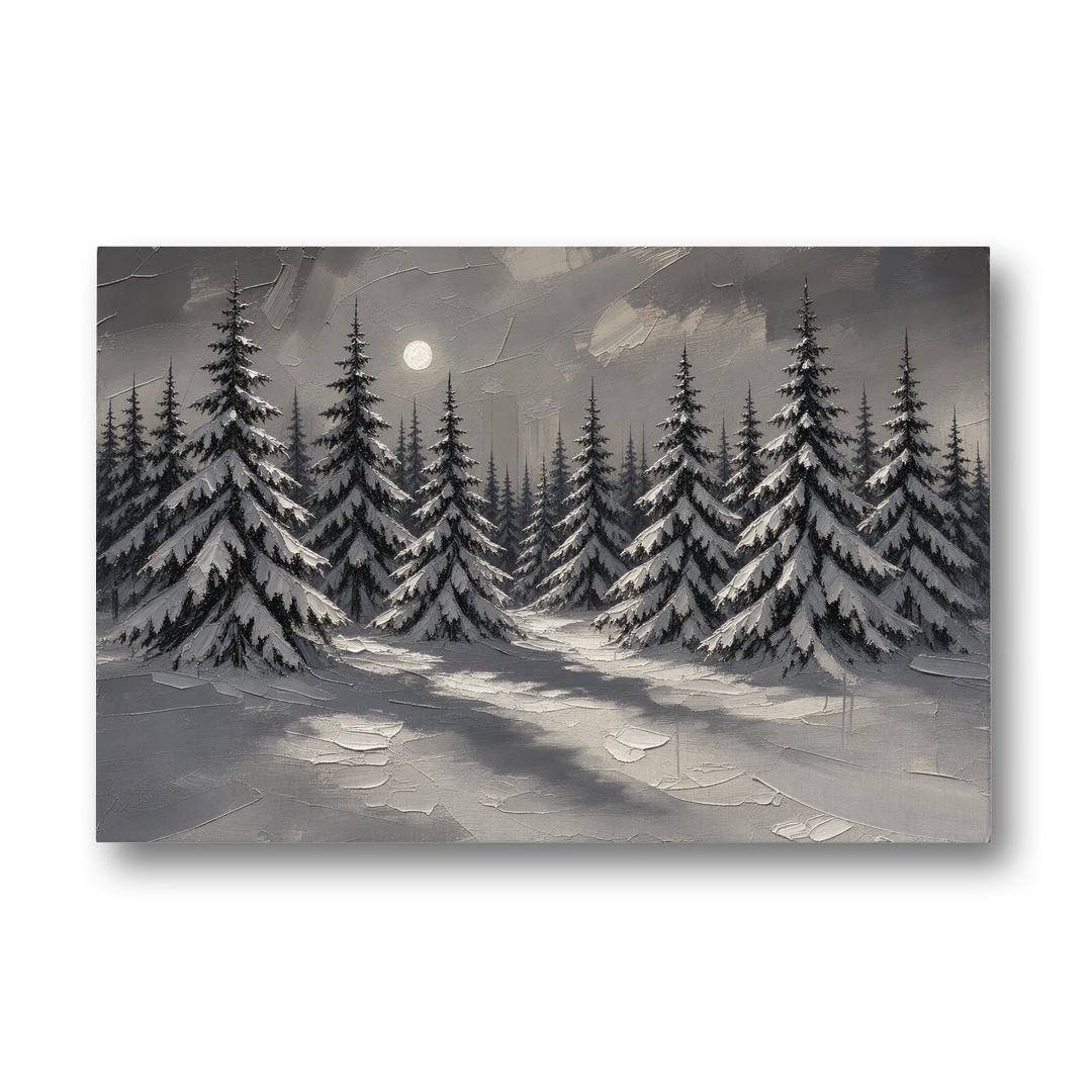 Winter Forest Painting Under a Full Moon - Canvas Wall Art - Front