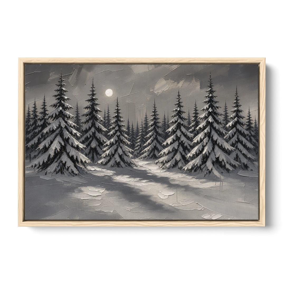 Winter Forest Painting Under a Full Moon - Oak Framed Canvas Wall Art - Front