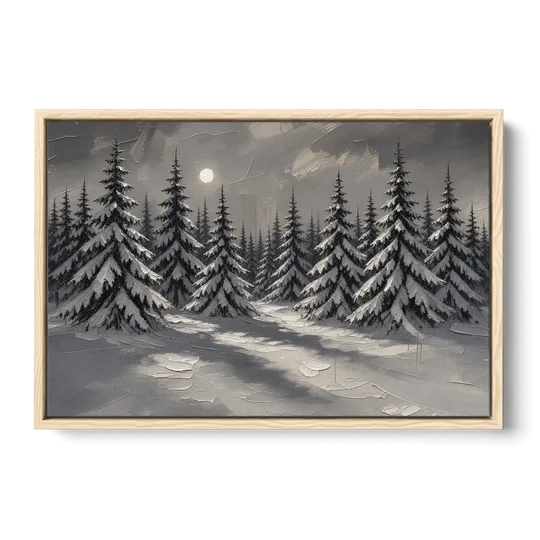 Winter Forest Painting Under a Full Moon - Oak Framed Canvas Wall Art - Front