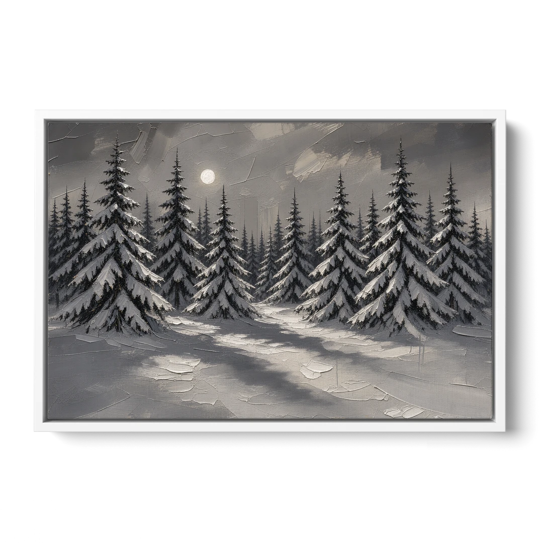 Winter Forest Painting Under a Full Moon - White Framed Canvas Wall Art - Front
