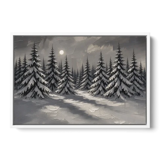 Winter Forest Painting Under a Full Moon - White Framed Canvas Wall Art - Front