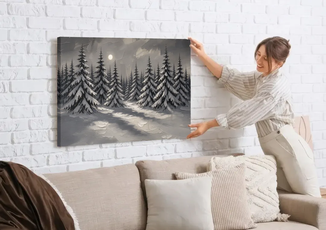 Winter Forest Painting Under a Full Moon canvas wall art being hung on a white brick wall above a sofa