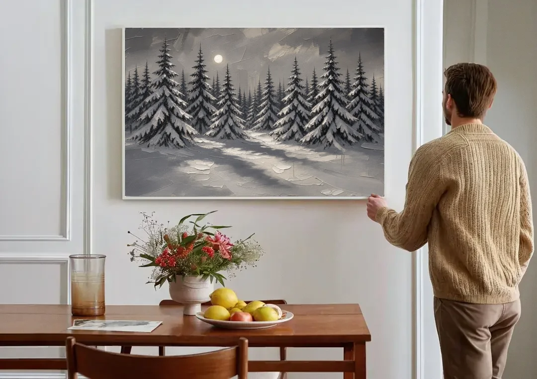 Winter Forest Painting Under a Full Moon canvas wall art above a dining table