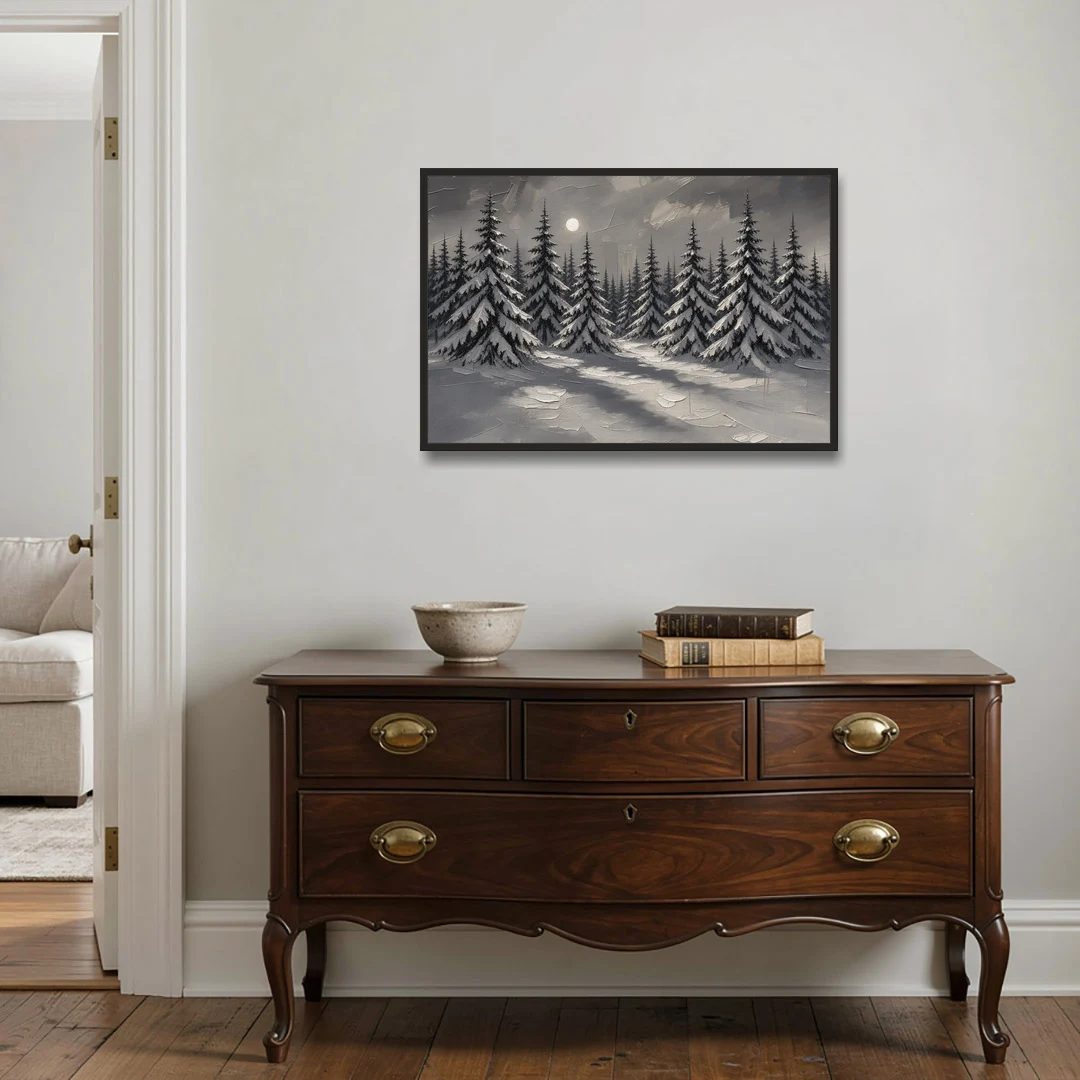 Winter Forest Painting Under a Full Moon - Black Framed Canvas Wall Art - Coffee Table - 36x24