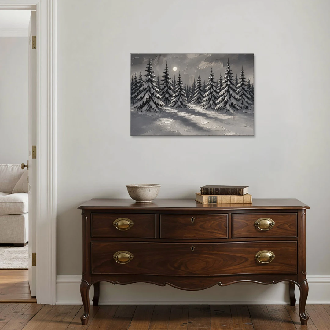 Winter Forest Painting Under a Full Moon - Canvas Wall Art - Coffee Table - 36x24