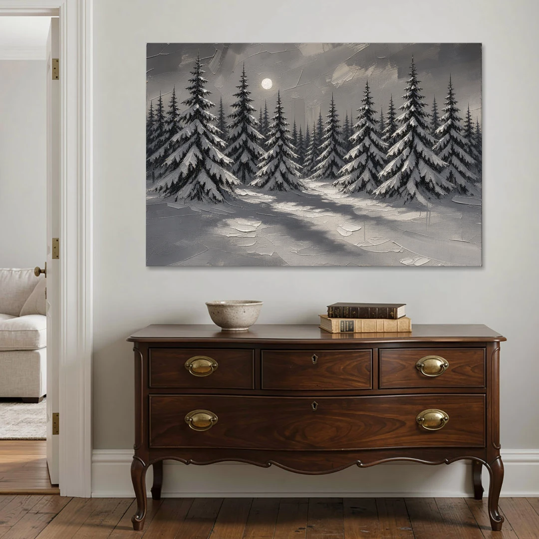 Winter Forest Painting Under a Full Moon - Canvas Wall Art - Coffee Table - 60x40