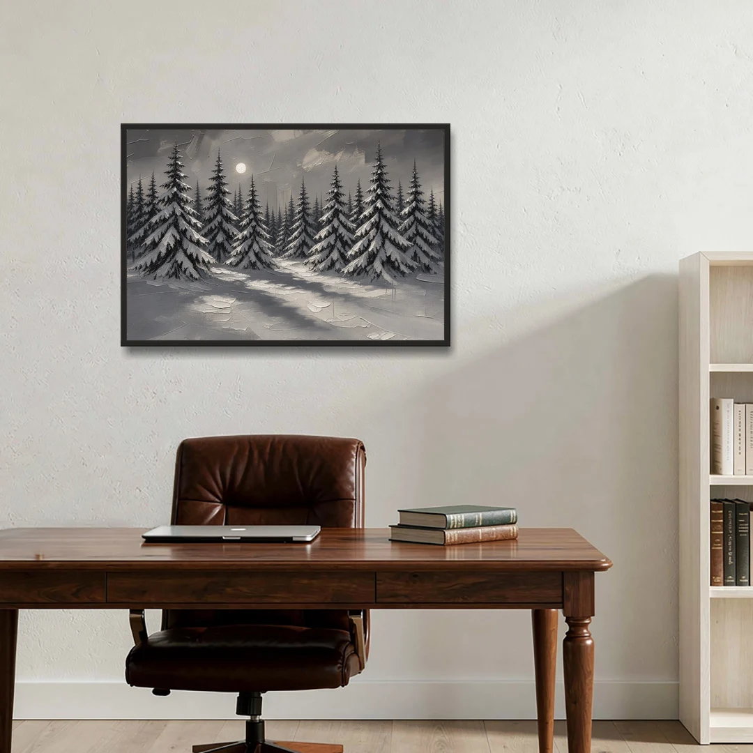 Winter Forest Painting Under a Full Moon - Black Framed Canvas Wall Art - Office - 36x24