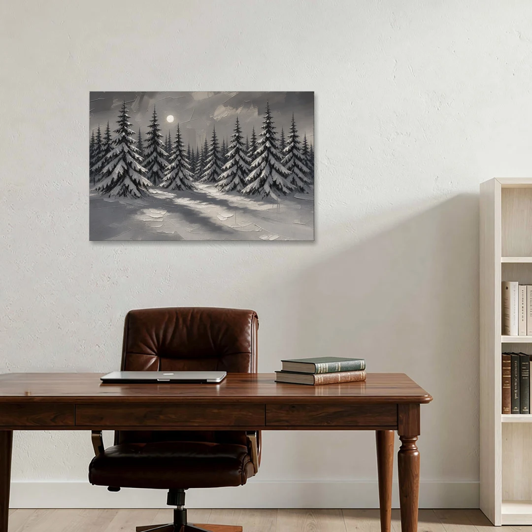 Winter Forest Painting Under a Full Moon - Canvas Wall Art - Office - 36x24