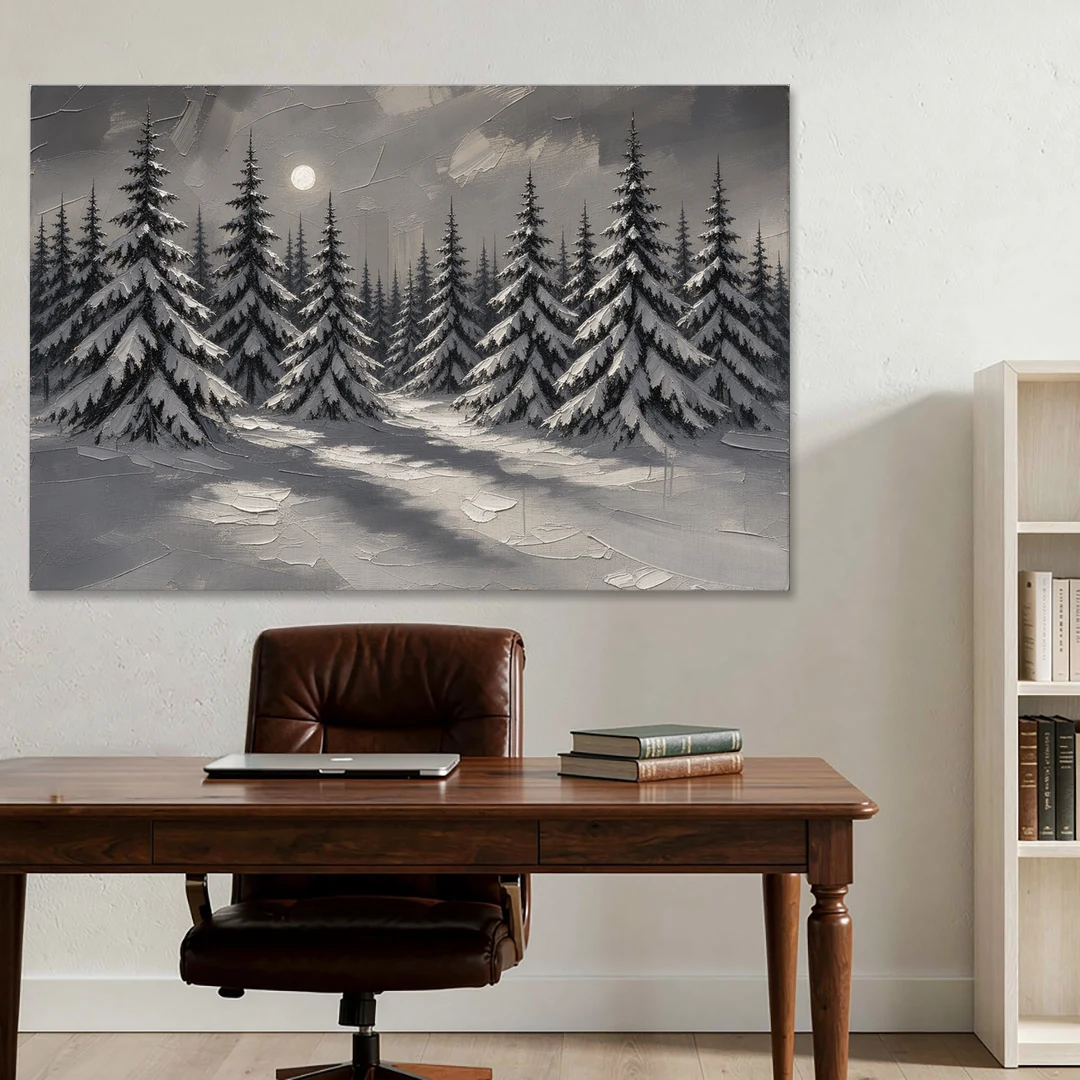 Winter Forest Painting Under a Full Moon - Canvas Wall Art - Office - 60x40