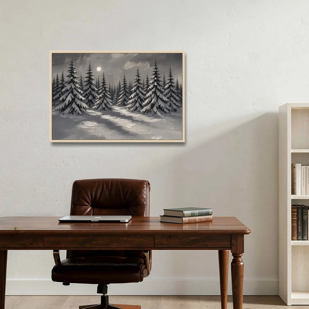 Winter Forest Painting Under a Full Moon - Oak Framed Canvas Wall Art - Office - 36x24