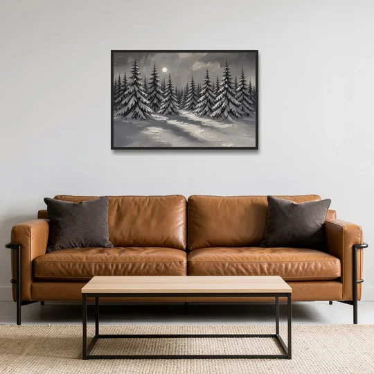 Winter Forest Painting Under a Full Moon - Black Framed Canvas Wall Art - Sofa - 36x24