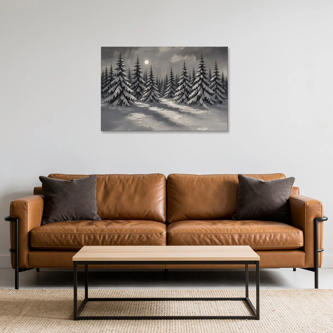 Winter Forest Painting Under a Full Moon - Canvas Wall Art - Sofa - 36x24