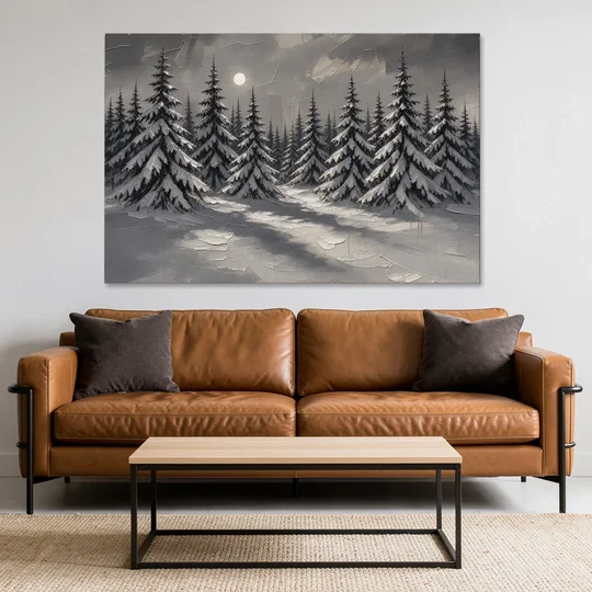 Winter Forest Painting Under a Full Moon - Canvas Wall Art - Sofa - 60x40
