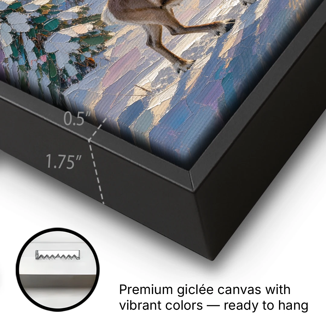 Winter Landscape Painting with a Lone Reindeer - Black Framed Canvas Wall Art - Gallery Wrap Corner