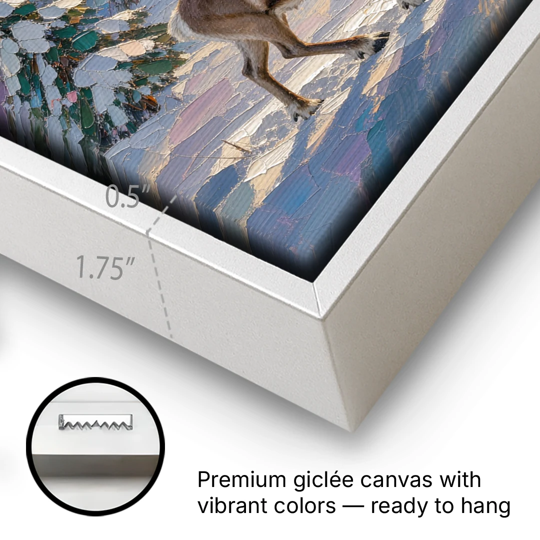 Winter Landscape Painting with a Lone Reindeer - White Framed Canvas Wall Art - Gallery Wrap Corner
