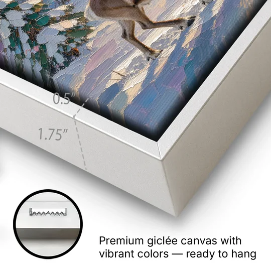 Winter Landscape Painting with a Lone Reindeer - White Framed Canvas Wall Art - Gallery Wrap Corner