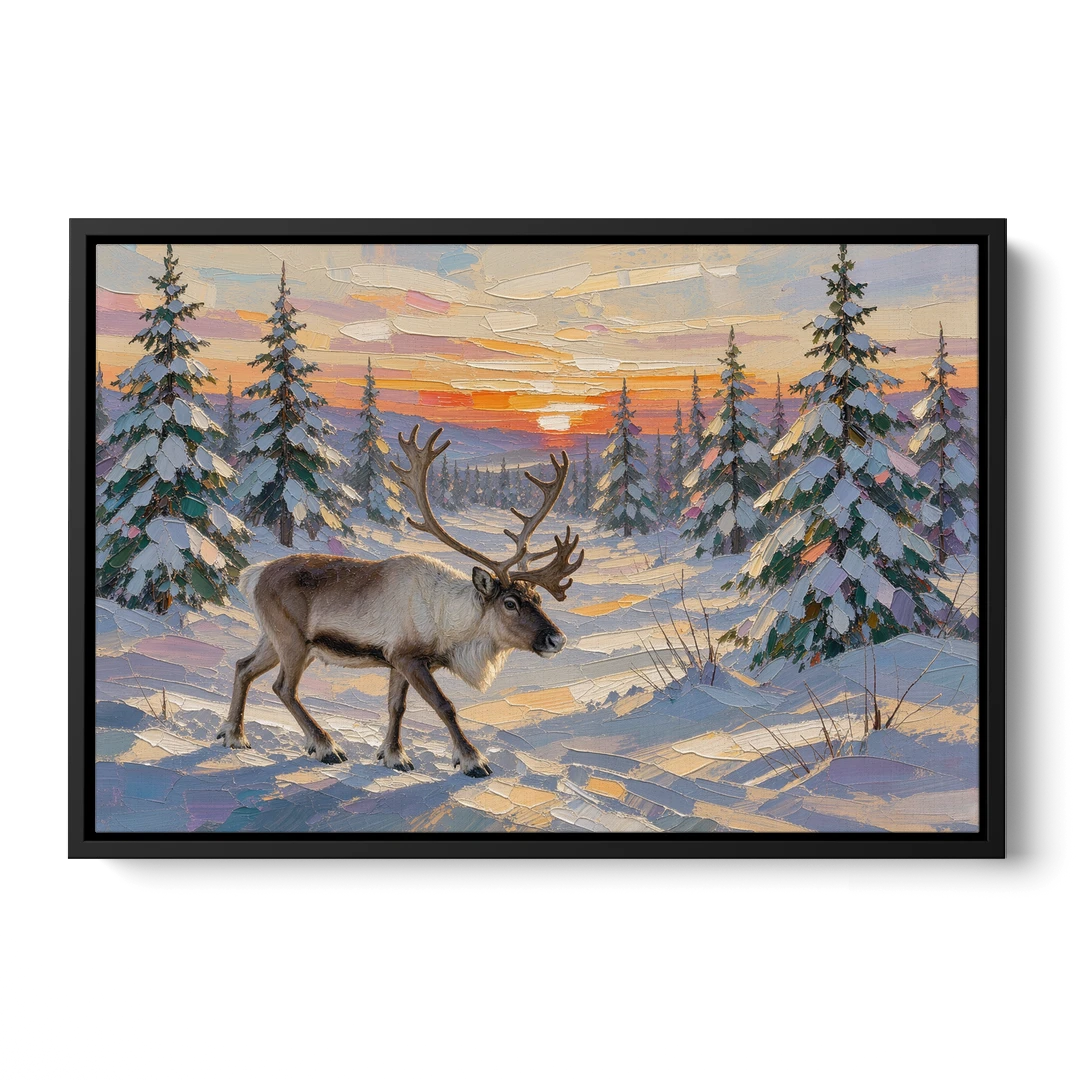 Winter Landscape Painting with a Lone Reindeer - Black Framed Canvas Wall Art - Front