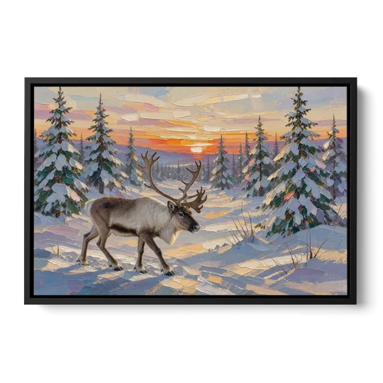 Winter Landscape Painting with a Lone Reindeer - Black Framed Canvas Wall Art - Front
