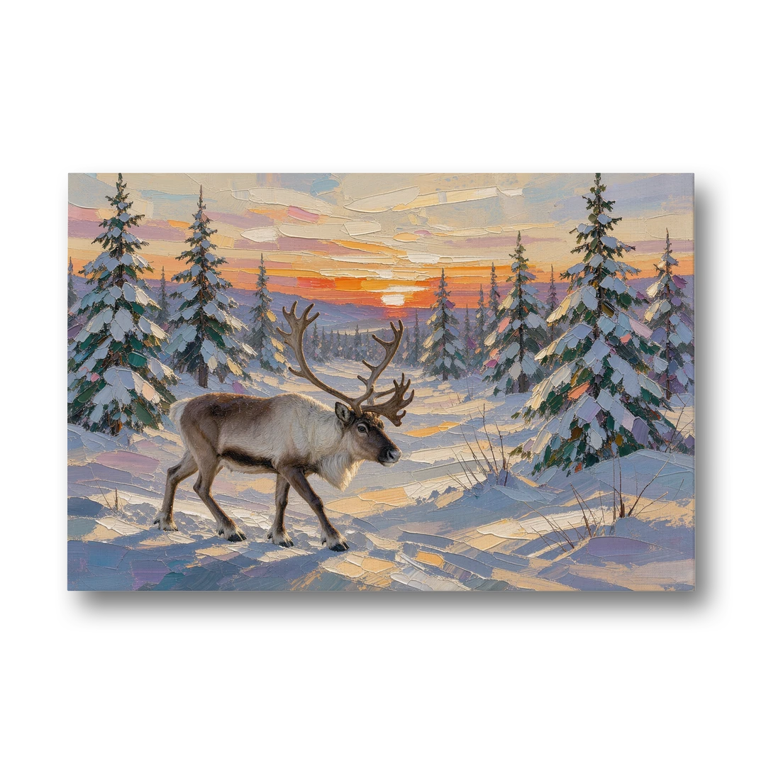 Winter Landscape Painting with a Lone Reindeer - Canvas Wall Art - Front