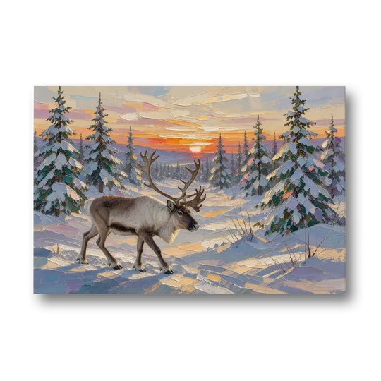 Winter Landscape Painting with a Lone Reindeer - Canvas Wall Art - Front