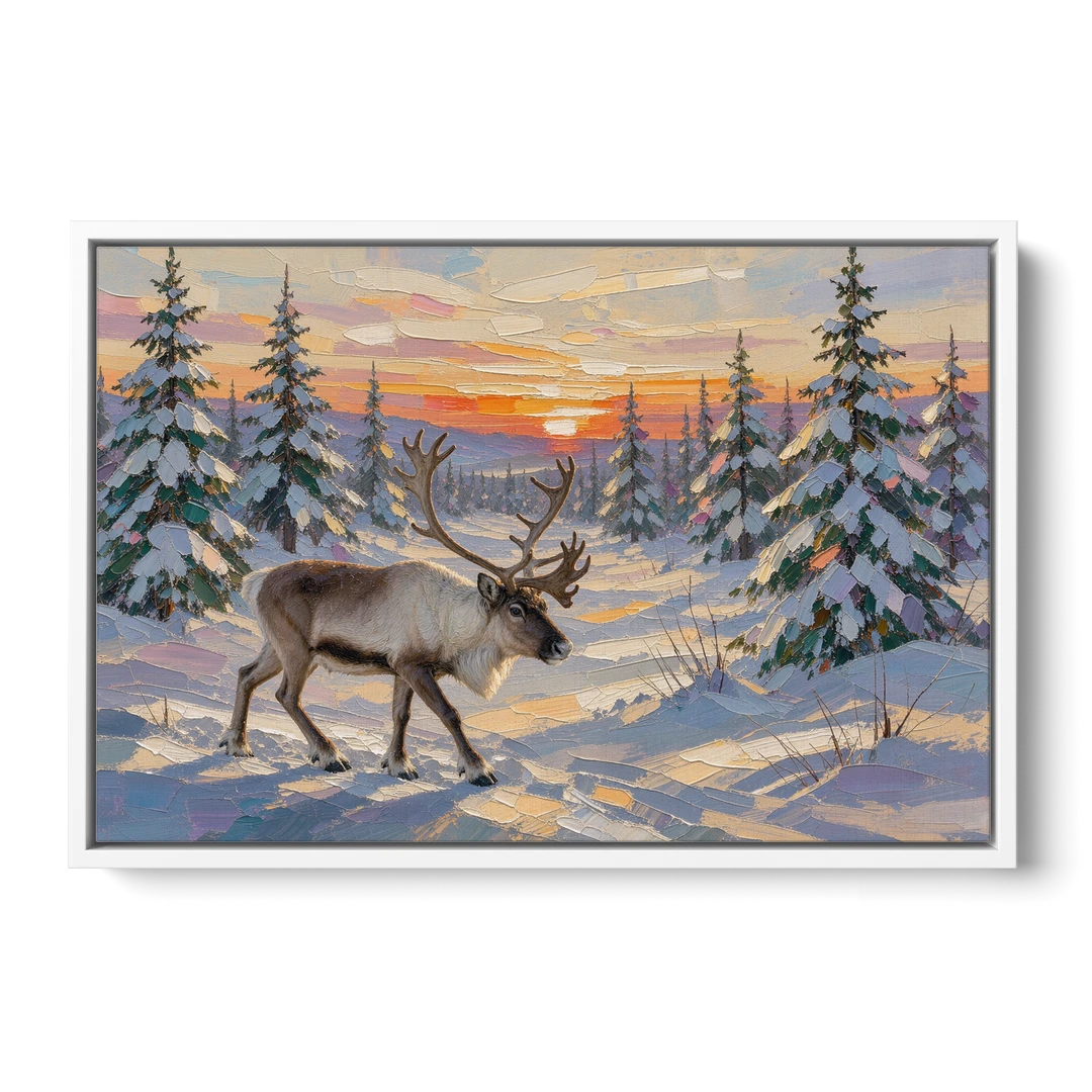 Winter Landscape Painting with a Lone Reindeer - White Framed Canvas Wall Art - Front