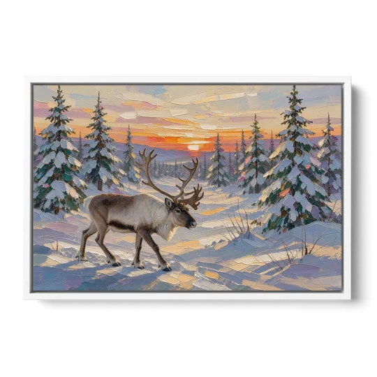 Winter Landscape Painting with a Lone Reindeer - White Framed Canvas Wall Art - Front