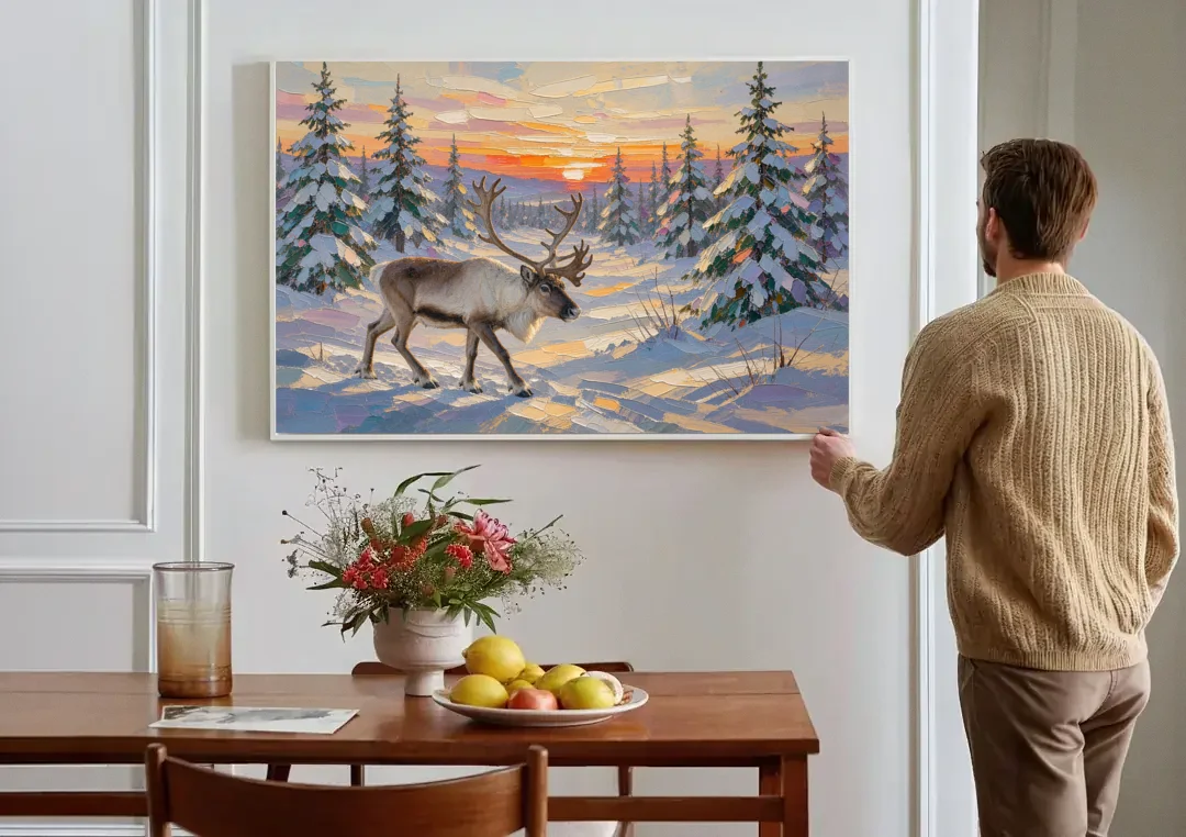 Winter Landscape Painting with a Lone Reindeer canvas wall art above a dining table