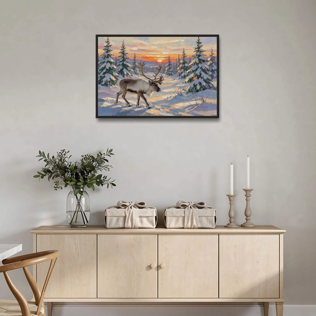 Winter Landscape Painting with a Lone Reindeer - Black Framed Canvas Wall Art - Coffee Table - 36x24