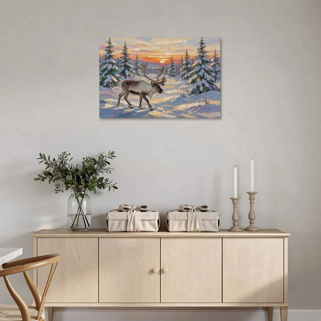 Winter Landscape Painting with a Lone Reindeer - Canvas Wall Art - Coffee Table - 36x24