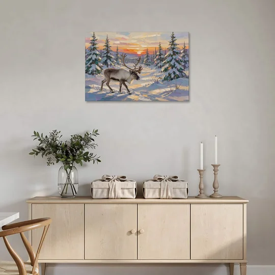 Winter Landscape Painting with a Lone Reindeer - Canvas Wall Art - Coffee Table - 36x24