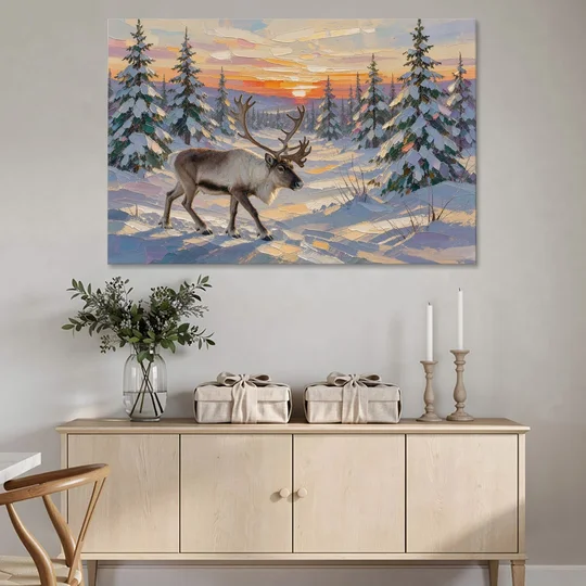 Winter Landscape Painting with a Lone Reindeer - Canvas Wall Art - Coffee Table - 60x40
