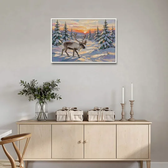 Winter Landscape Painting with a Lone Reindeer - White Framed Canvas Wall Art - Coffee Table - 36x24