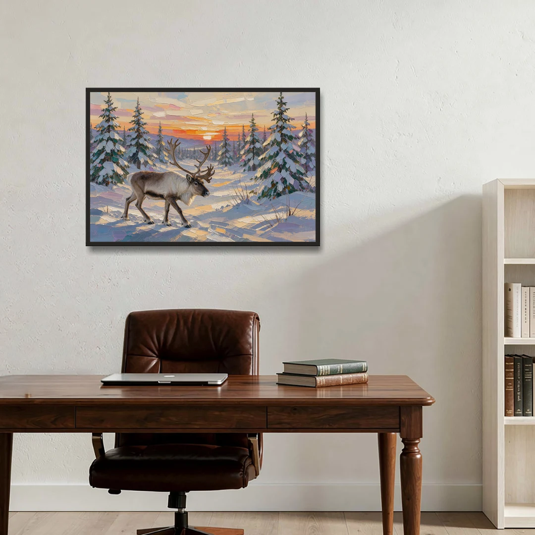 Winter Landscape Painting with a Lone Reindeer - Black Framed Canvas Wall Art - Office - 36x24