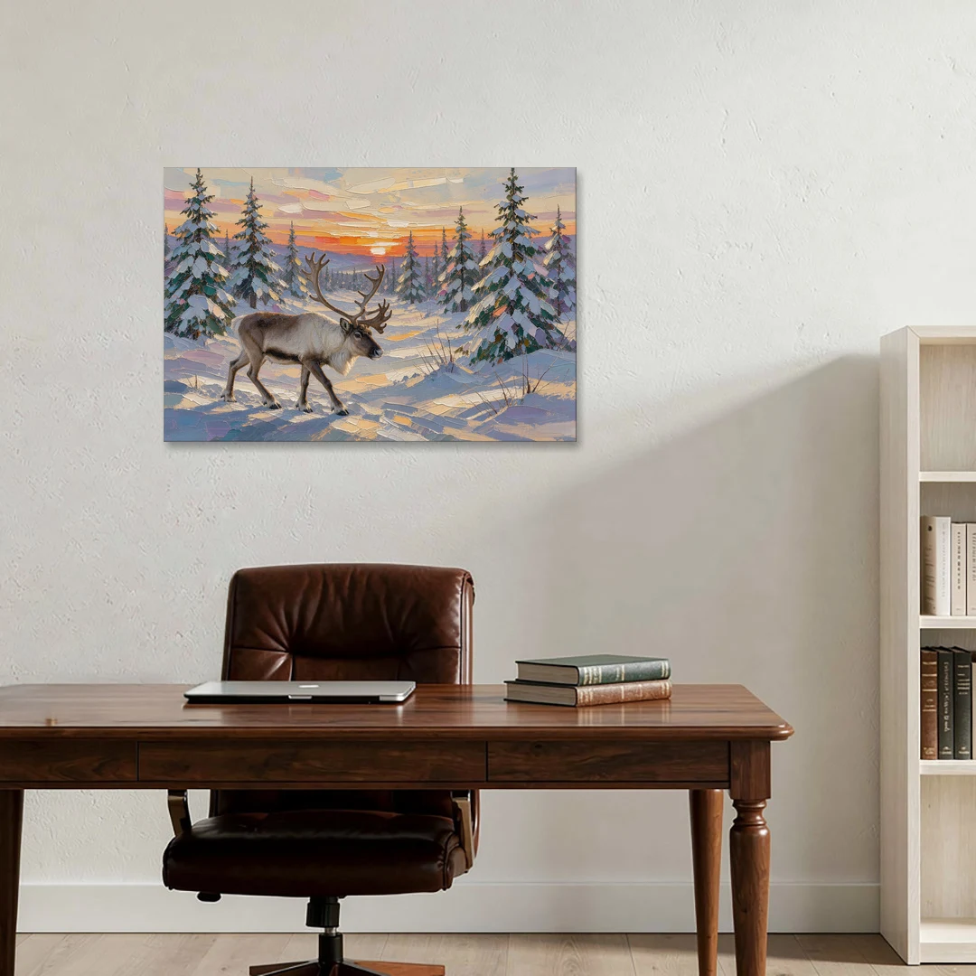 Winter Landscape Painting with a Lone Reindeer - Canvas Wall Art - Office - 36x24