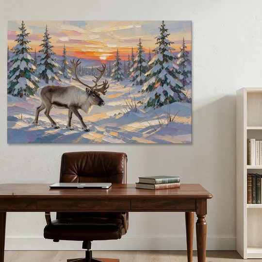 Winter Landscape Painting with a Lone Reindeer - Canvas Wall Art - Office - 60x40