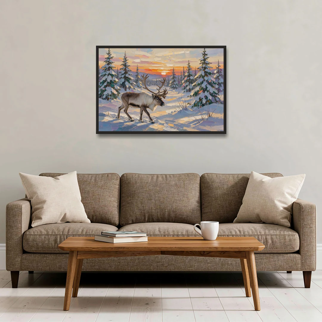 Winter Landscape Painting with a Lone Reindeer - Black Framed Canvas Wall Art - Sofa - 36x24