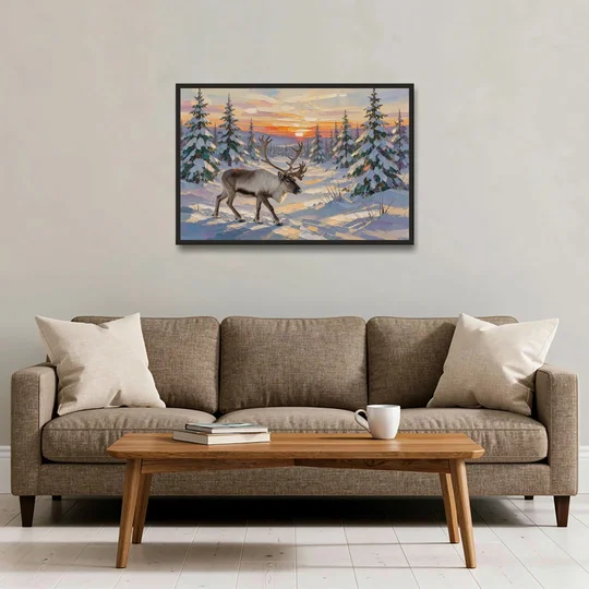 Winter Landscape Painting with a Lone Reindeer - Black Framed Canvas Wall Art - Sofa - 36x24