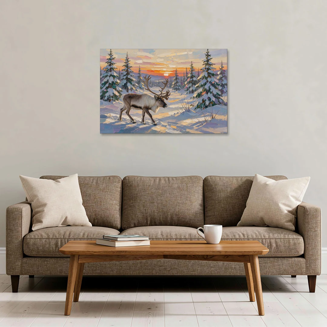 Winter Landscape Painting with a Lone Reindeer - Canvas Wall Art - Sofa - 36x24