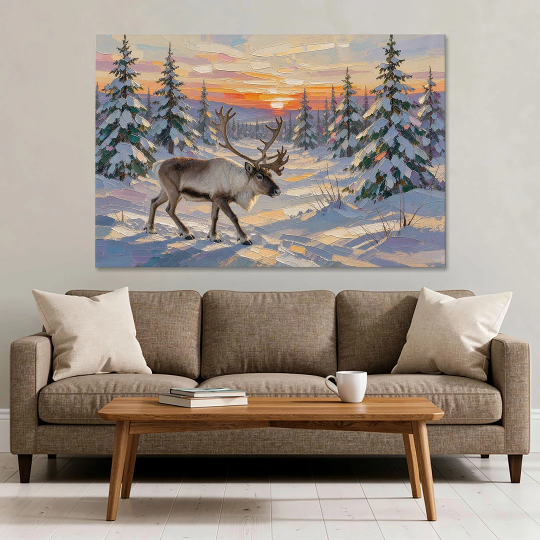 Winter Landscape Painting with a Lone Reindeer - Canvas Wall Art - Sofa - 60x40