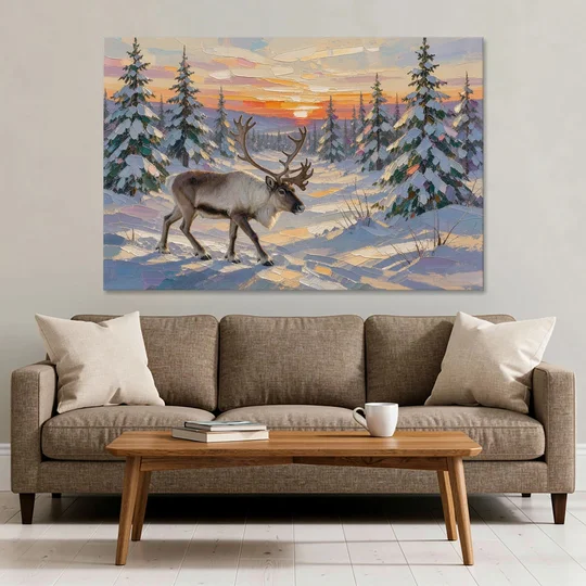 Winter Landscape Painting with a Lone Reindeer - Canvas Wall Art - Sofa - 60x40