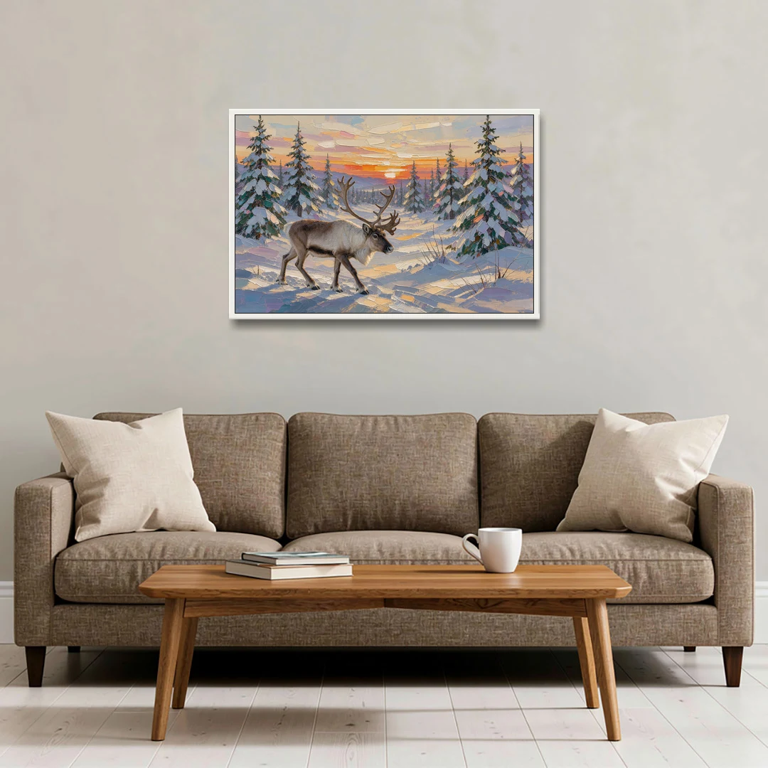 Winter Landscape Painting with a Lone Reindeer - White Framed Canvas Wall Art - Sofa - 36x24