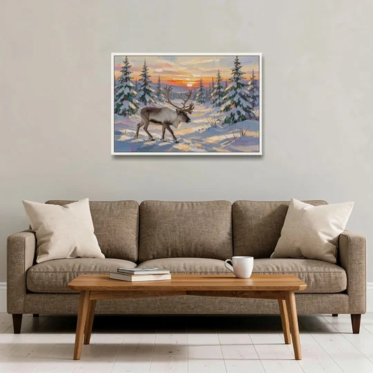 Winter Landscape Painting with a Lone Reindeer - White Framed Canvas Wall Art - Sofa - 36x24