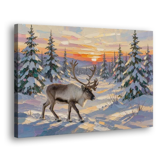 Winter Landscape Painting with a Lone Reindeer - Canvas Wall Art - Side