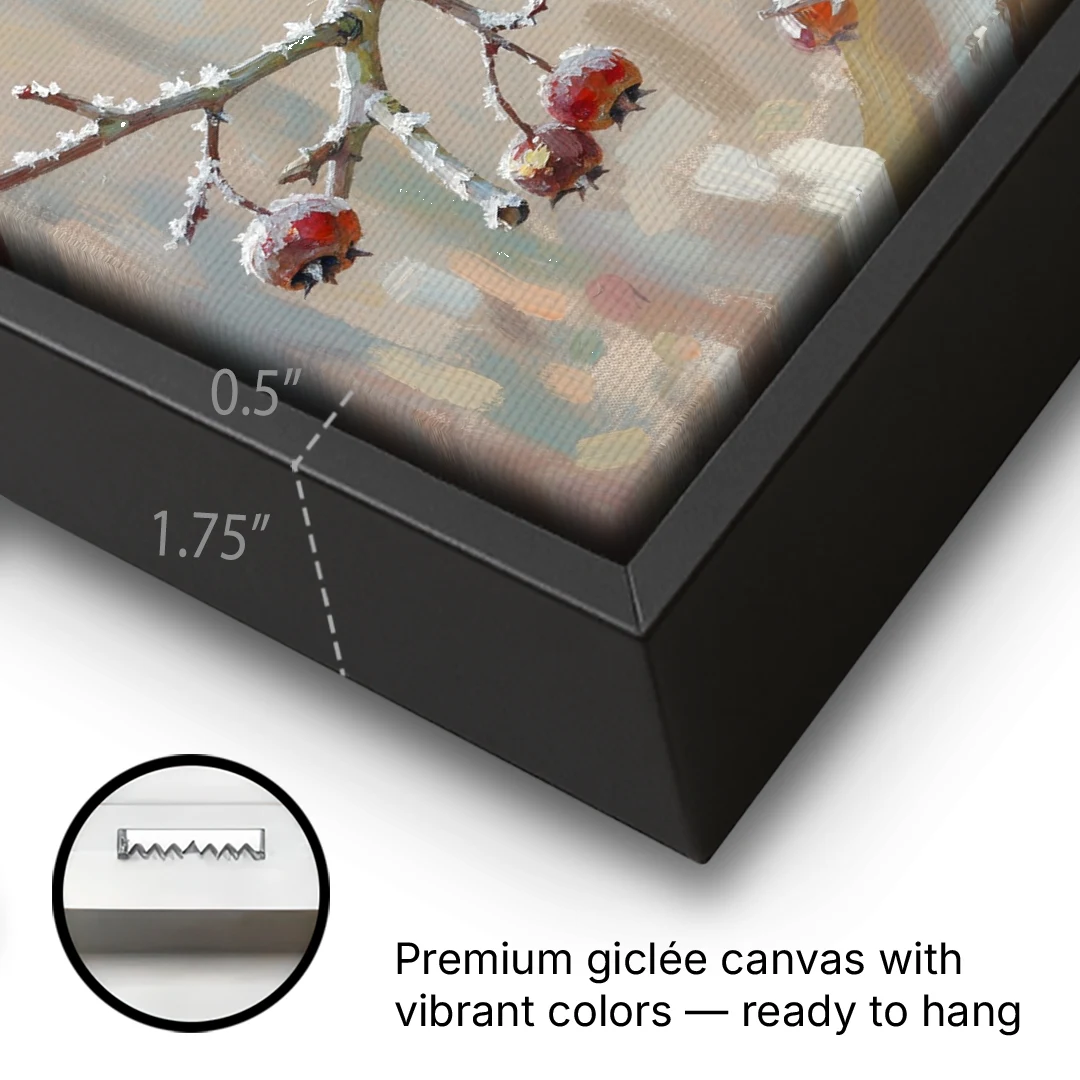 Winter Painting Canvas Cardinal on Frosted Hawthorn - Black Framed Canvas Wall Art - Gallery Wrap Corner