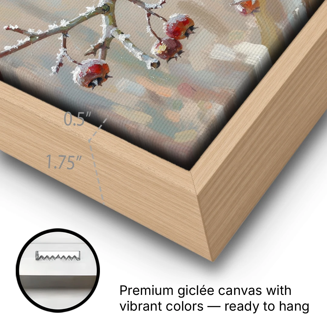 Winter Painting Canvas Cardinal on Frosted Hawthorn - Oak Framed Canvas Wall Art - Gallery Wrap Corner