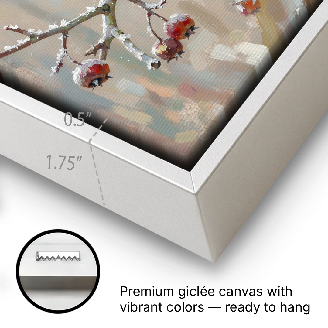 Winter Painting Canvas Cardinal on Frosted Hawthorn - White Framed Canvas Wall Art - Gallery Wrap Corner