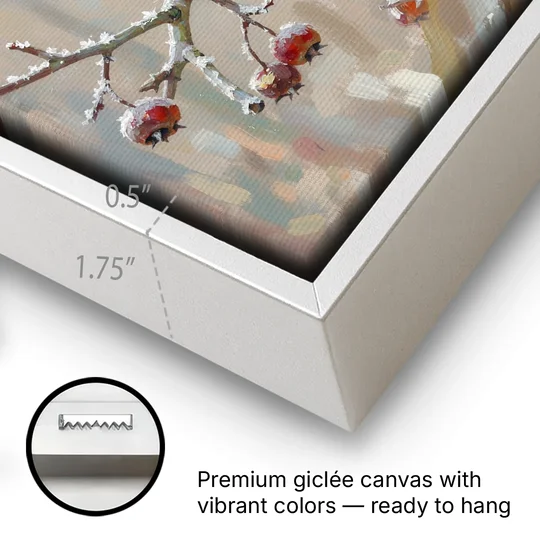 Winter Painting Canvas Cardinal on Frosted Hawthorn - White Framed Canvas Wall Art - Gallery Wrap Corner